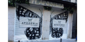 Graffiti de mariposa en el cierre de la joyería Apodemia en Madrid