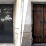 Transformación de puerta con trampantojo de graffiti en Madrid