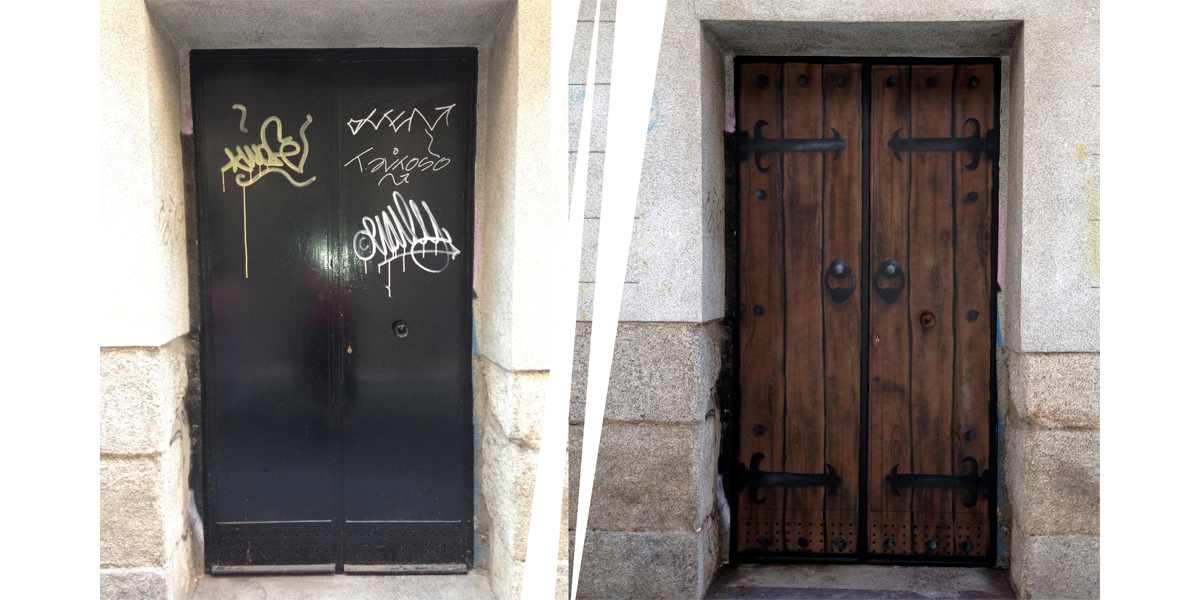 Transformación de puerta con trampantojo de graffiti en Madrid