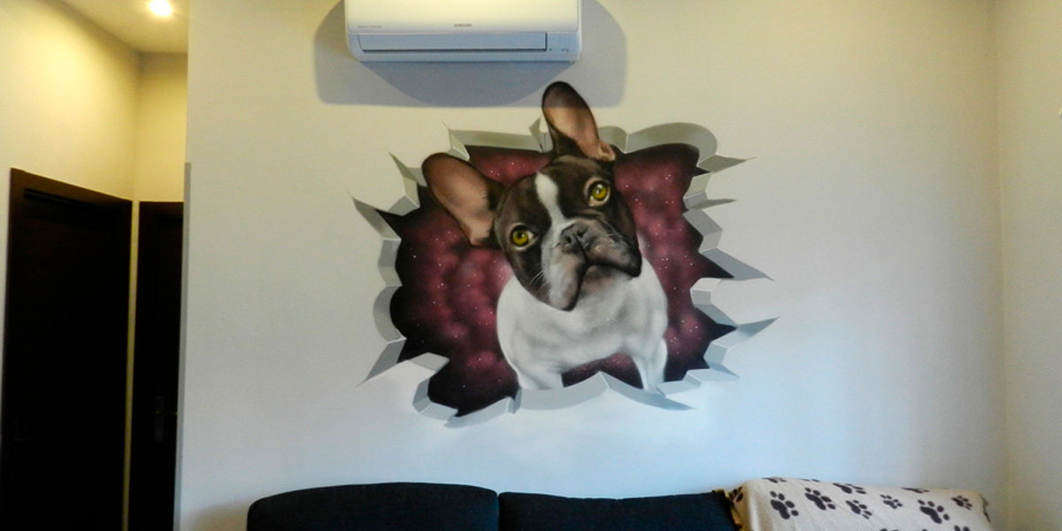 Graffiti de Bull-dog francés en salón de Madrid.